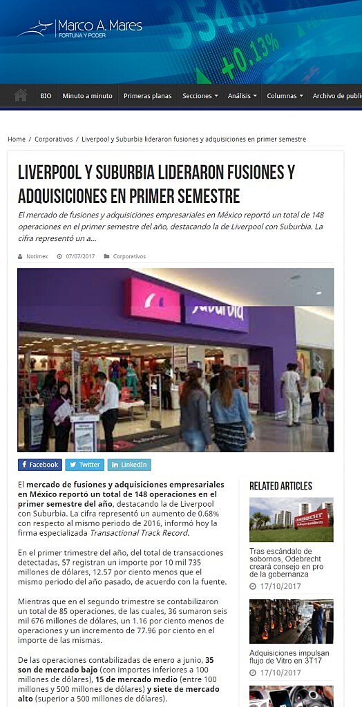 Liverpool y Suburbia lideraron fusiones y adquisiciones en primer semestre